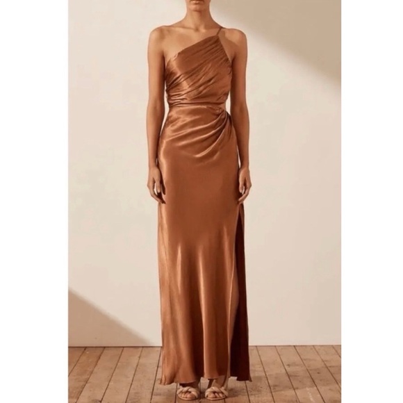 Shona Joy Brown Ruched One Shoulder Gown